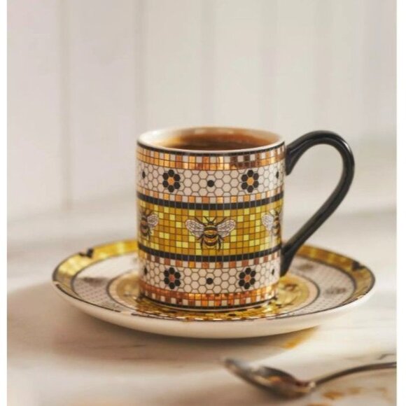 Anthropologie Bistro Tile Stoneware Espresso Cup Saucer Set of 3 Garden Bee Gold